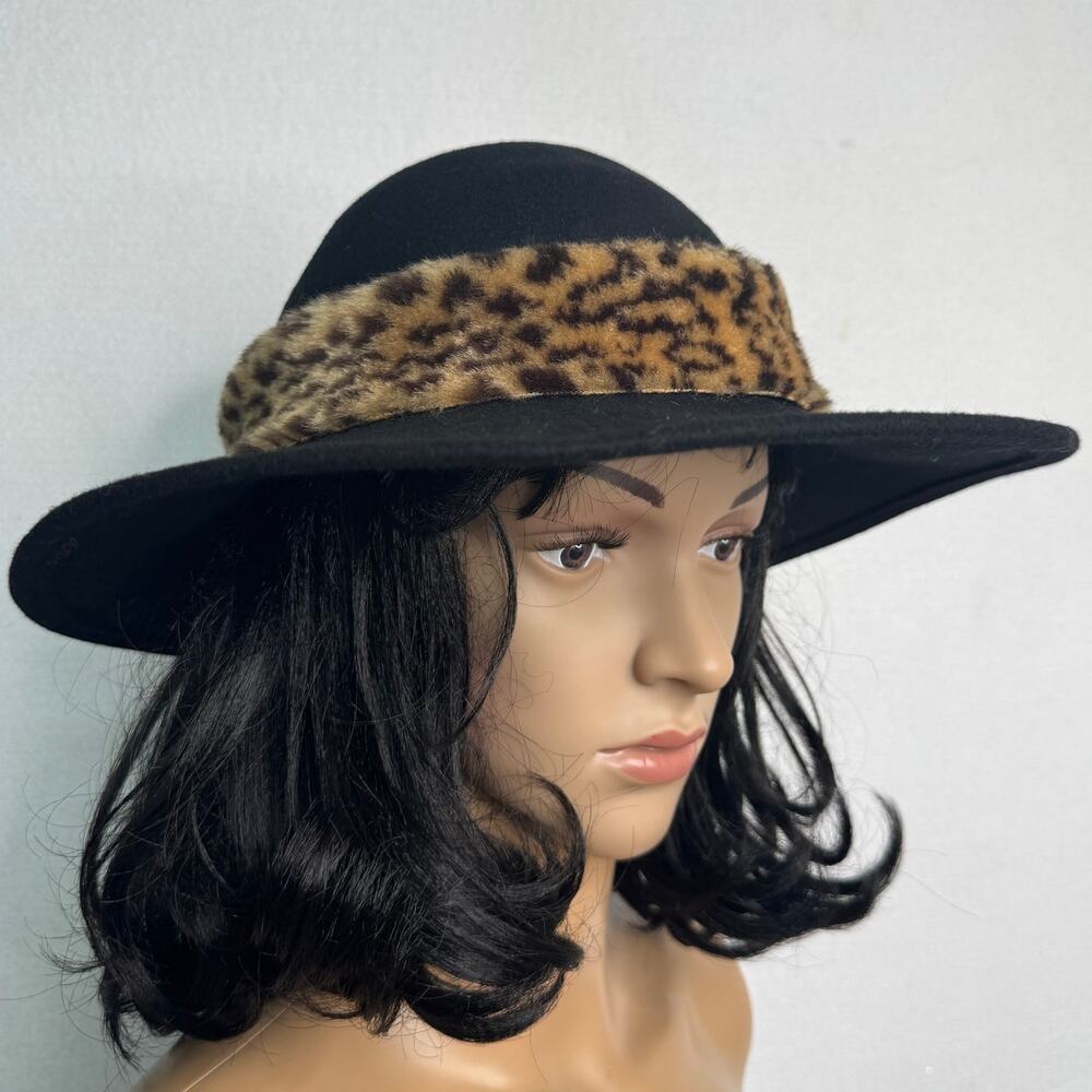 Vintage 1980s Black Wool Felt Wide Brim Hat Leopard Faux Fur Made USA 22” - Picture 2 of 14
